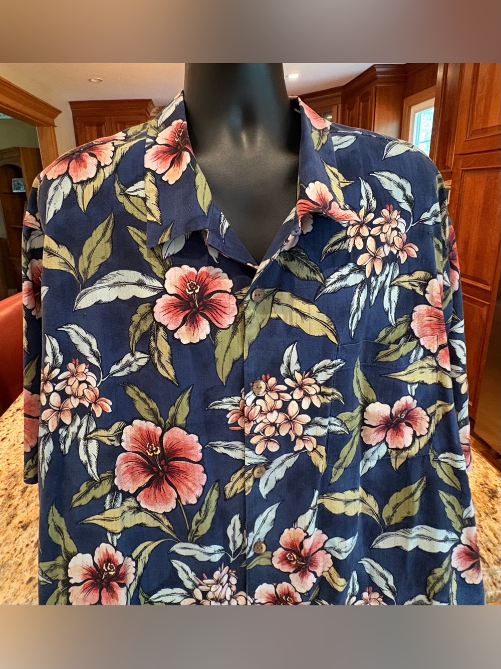Tommy Bahama Navy Hawaiian Shirt with Pink Floral Print. Retail,